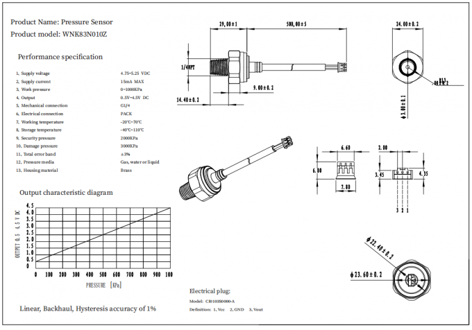 0.5-4.5V I2C Messingwasserleitungs-Druck-Sensor mit Kabelausgang 0