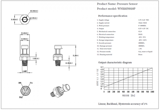 0.5-4.5V I2C Messingwasserleitungs-Druck-Sensor mit Kabelausgang 1